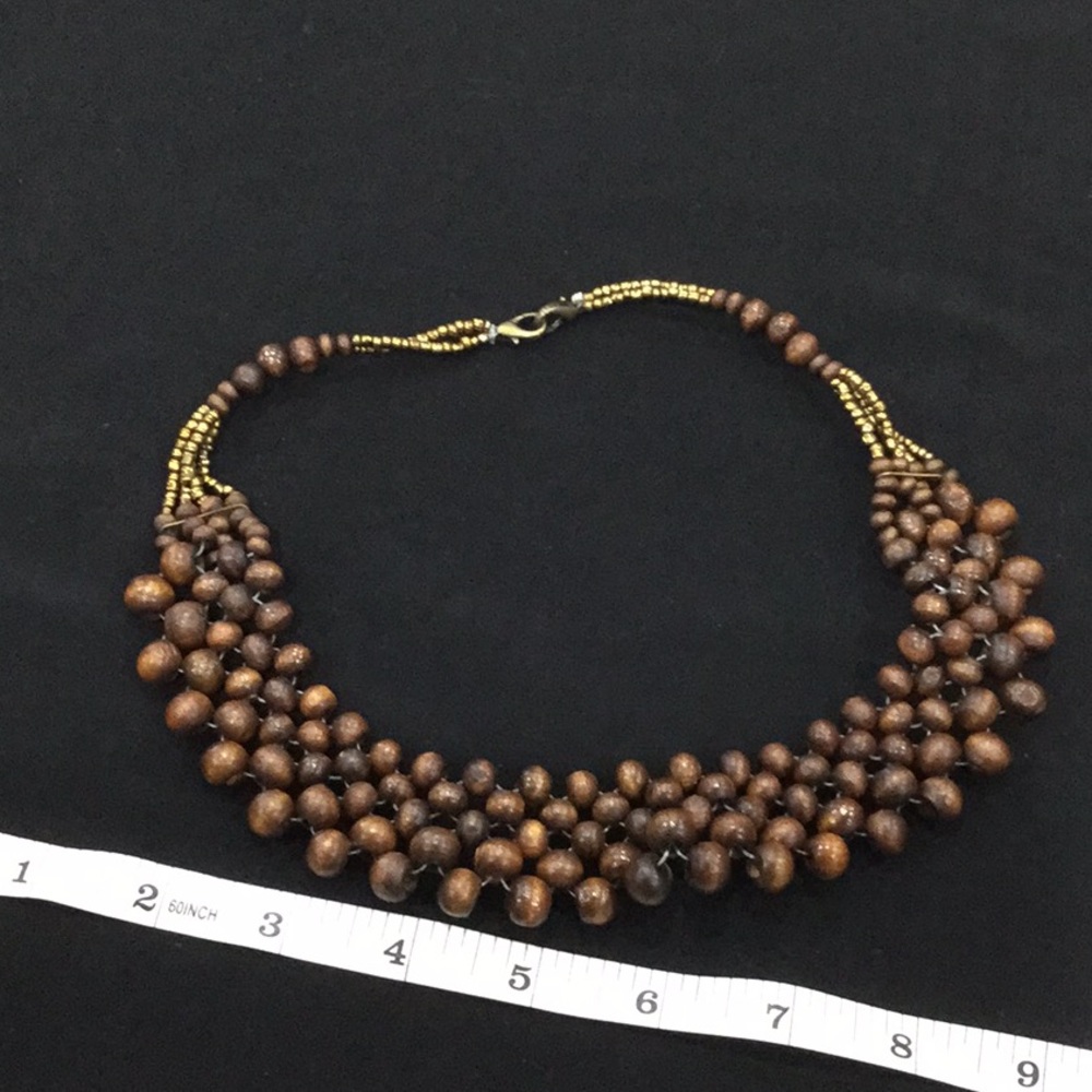 Wood beaded bib style necklace